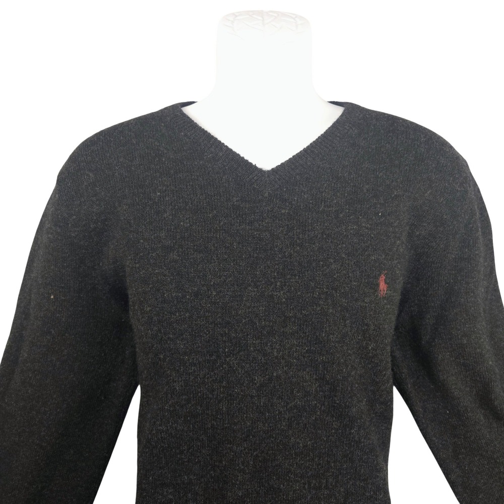 Polo Ralph Lauren Mens XL Charcoal Gray 100% Lambswool V-Neck Sweater Red Pony